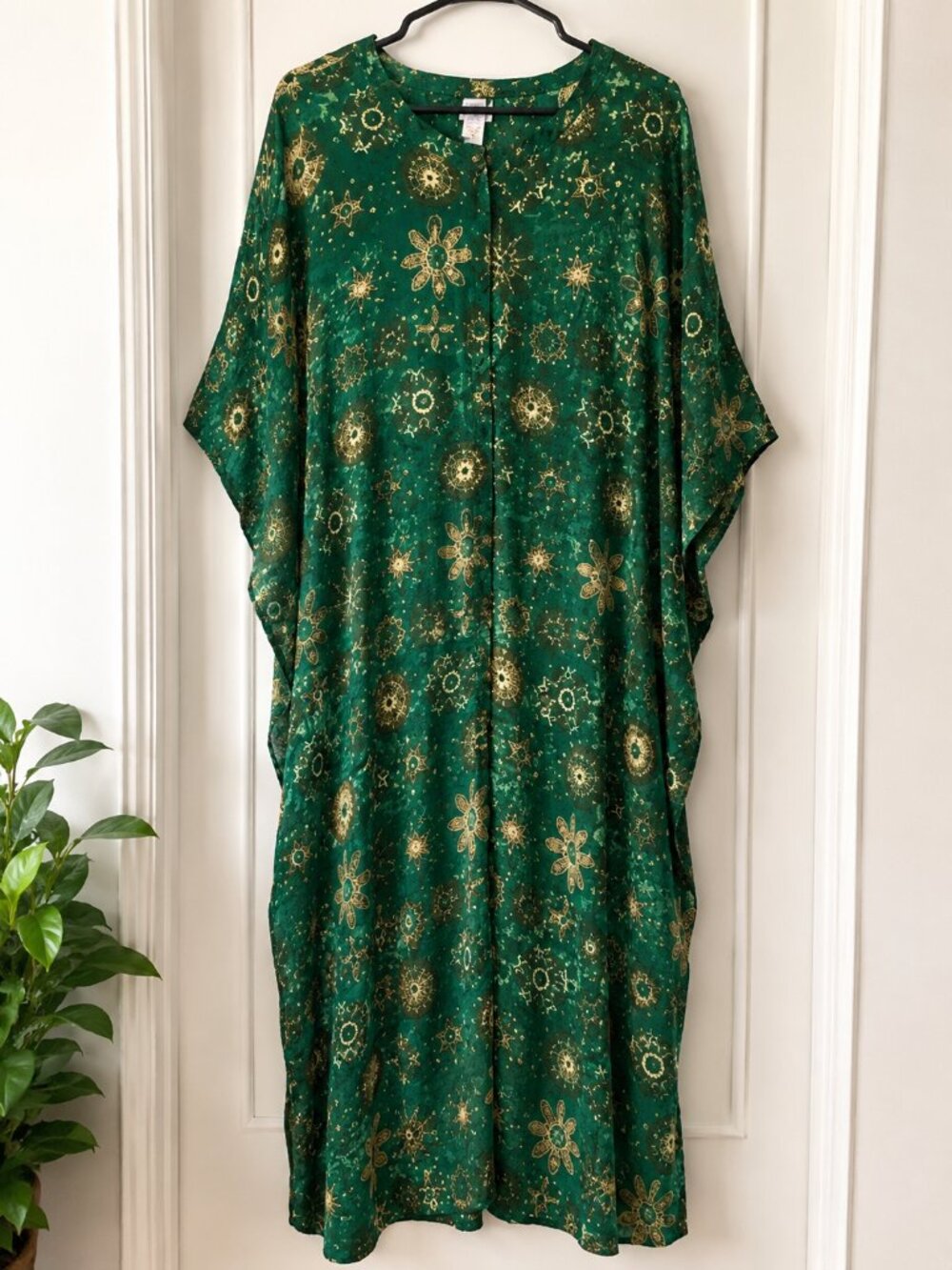 Boho Green Floral Caftan Lounge Dress Cottagecore Sleepwear OS
